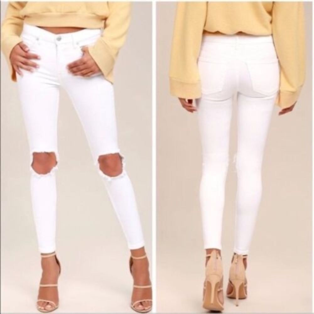 Free People Busted Knee‎ White Denim High Waist Skinny Jeans Sz 27